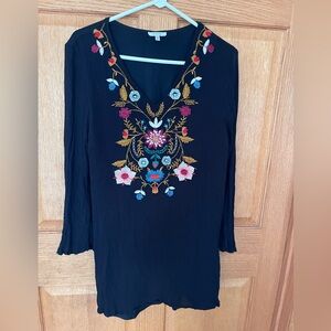 Jodifl Black Embroidered V-Neck Tunic with Multicolor Floral Detail